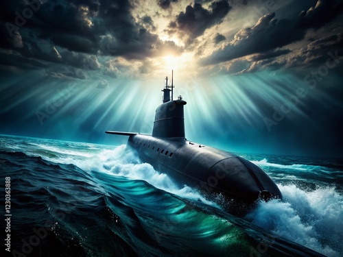 Nuclear Submarine: Underwater Warfare, Navy Vessel, Black & White Illustration photo