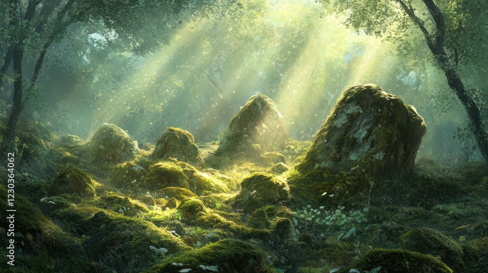 Obraz premium Sunbeams illuminate mossy rocks in a forest; fantasy background for games