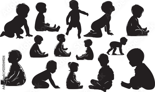 Set of baby and toddler silhouette isolated on white background. Sitting, crawling and standing. Vector illustration
