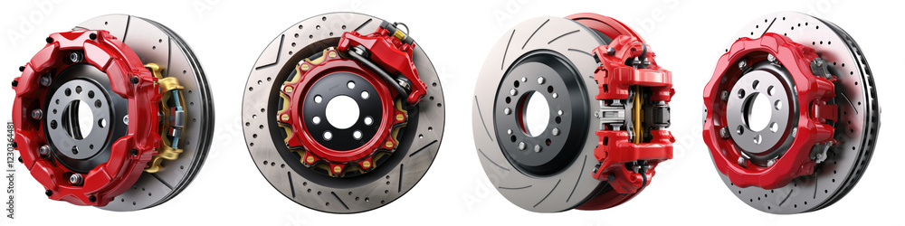 Car brake disc and red calipers isolated on transparent background, PNG, set of Car brake disc and red calipers isolated on transparent background, PNG, set of