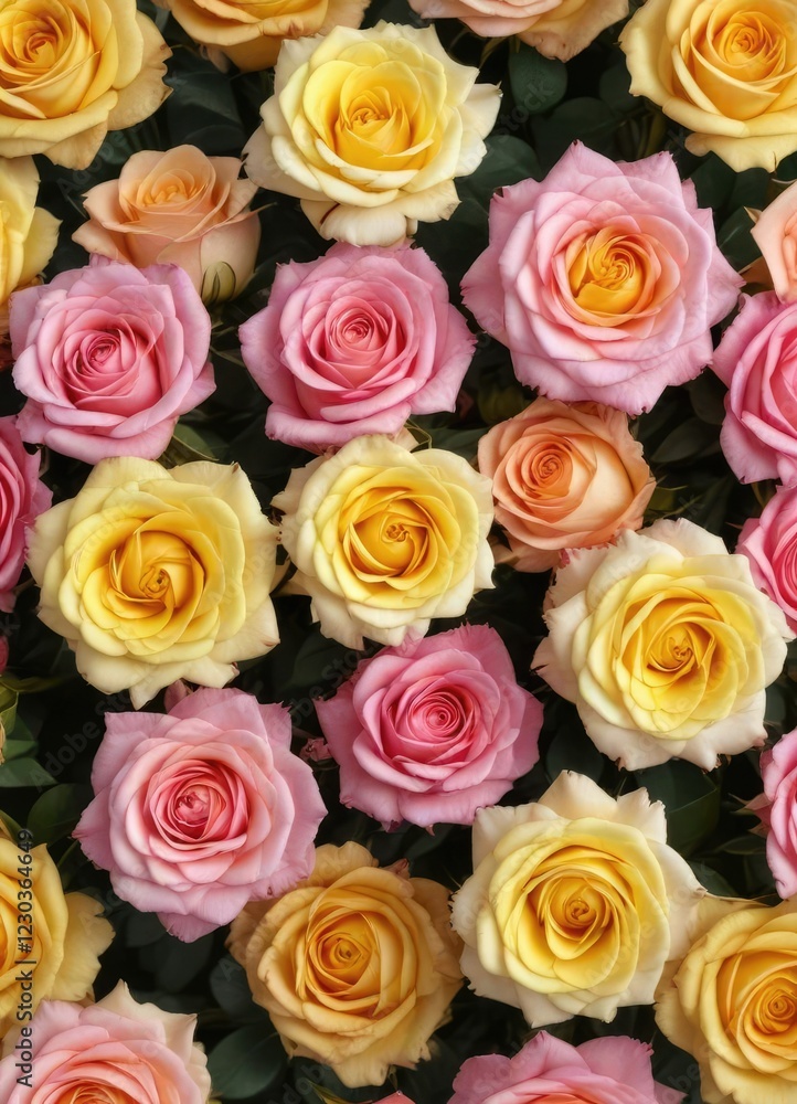 Pink and yellow roses arranged in a seamless pattern, beautiful, feminine, garden Pink and yellow roses arranged in a seamless pattern, beautiful, feminine, garden