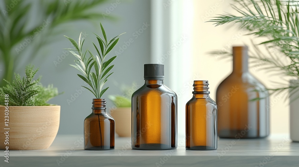 Essential oil bottles and green plants Essential oil bottles and green plants