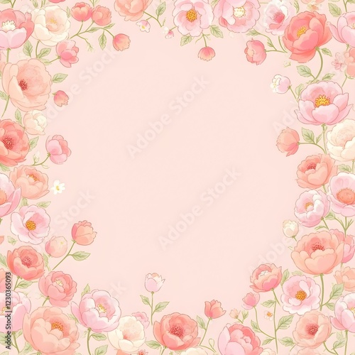 Soft pastel rose background with densely arranged blooms in shades of blush pink, peach, and ivory