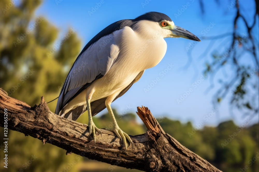 Graceful Black Crowned Night Heron Balancing on Broken Tree Limb. Majestic Avian with Blue and Black Plumage Perched on Branch Graceful Black Crowned Night Heron Balancing on Broken Tree Limb. Majestic Avian with Blue and Black Plumage Perched on Branch