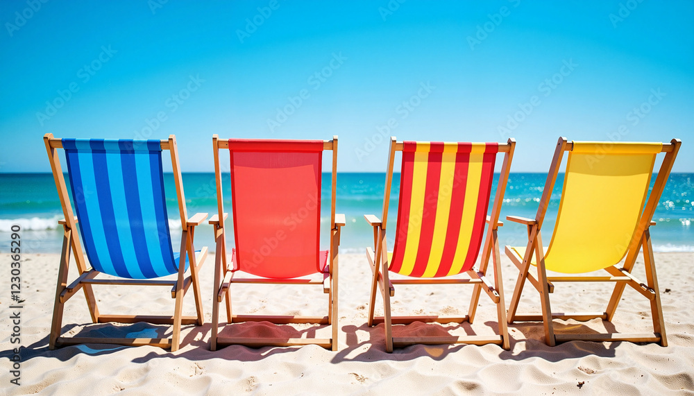Colorful deckchairs lined on sunny beach, summer relaxation Colorful deckchairs lined on sunny beach, summer relaxation