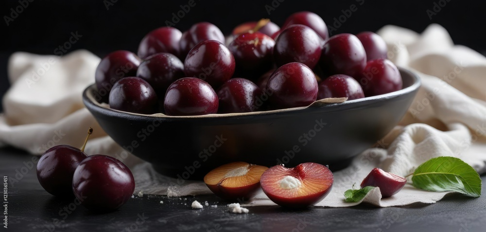 Plums on a light table against a black background with a bowl of ricotta cheese in the foreground, bowl, ricotta cheese, cut Plums on a light table against a black background with a bowl of ricotta cheese in the foreground, bowl, ricotta cheese, cut