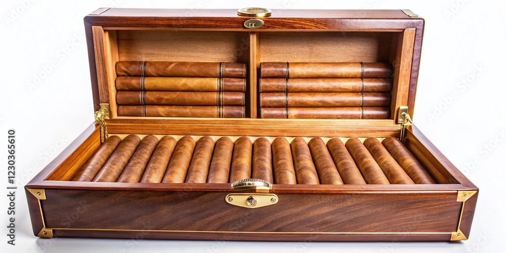 Open Brown Leather Cigar Humidor with Gold Accents, Premium Cigars, White Background Open Brown Leather Cigar Humidor with Gold Accents, Premium Cigars, White Background