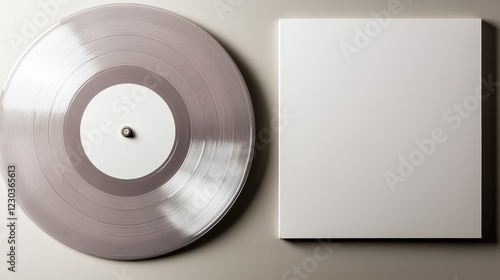 An elegant gray vinyl record next to a blank album cover suggests creativity and individuality, encouraging personal expression in music and visual artistry within modern settings. photo