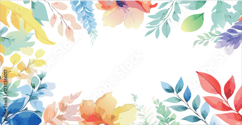 Colorful watercolor leaf frame, simple botanical design, in white background, with empty space fro text, vector illustration.