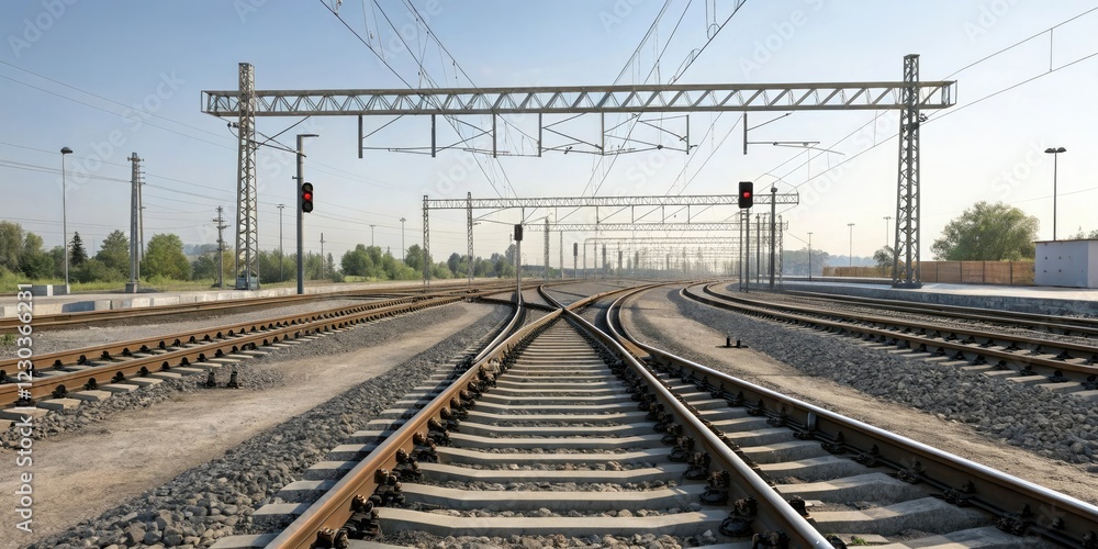 Railway track with multiple switches and interchanges in a complex layout, switch, tracks, freight Railway track with multiple switches and interchanges in a complex layout, switch, tracks, freight