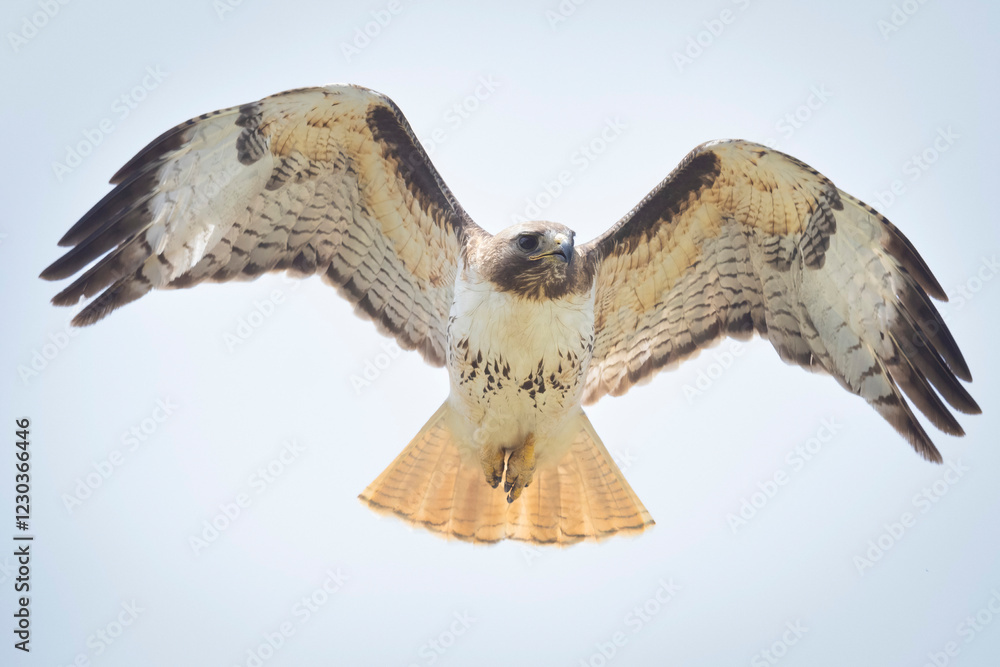 A wild red-tailed hawk flying over a field in Colorado.