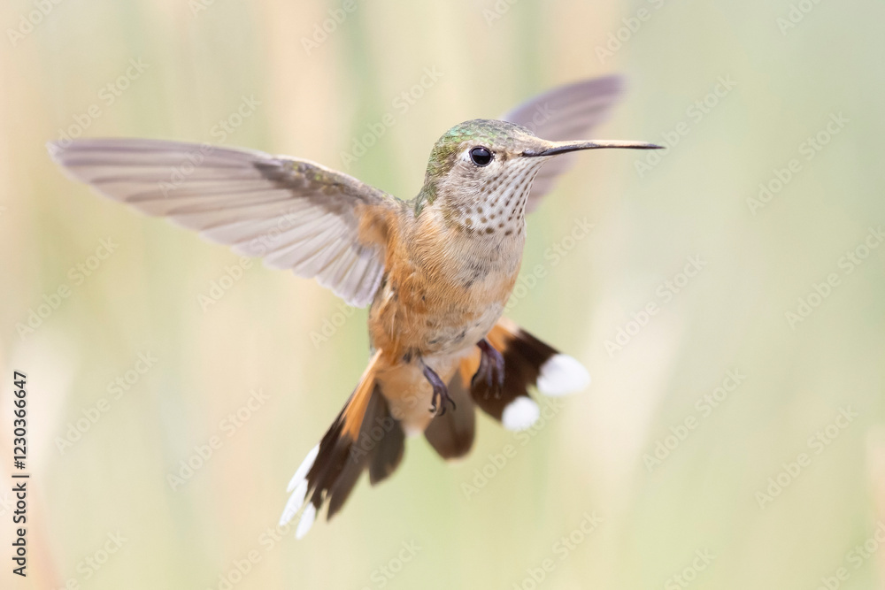 Fototapeta premium A wild broad-tailed hummingbird flying around a field in Colorado.