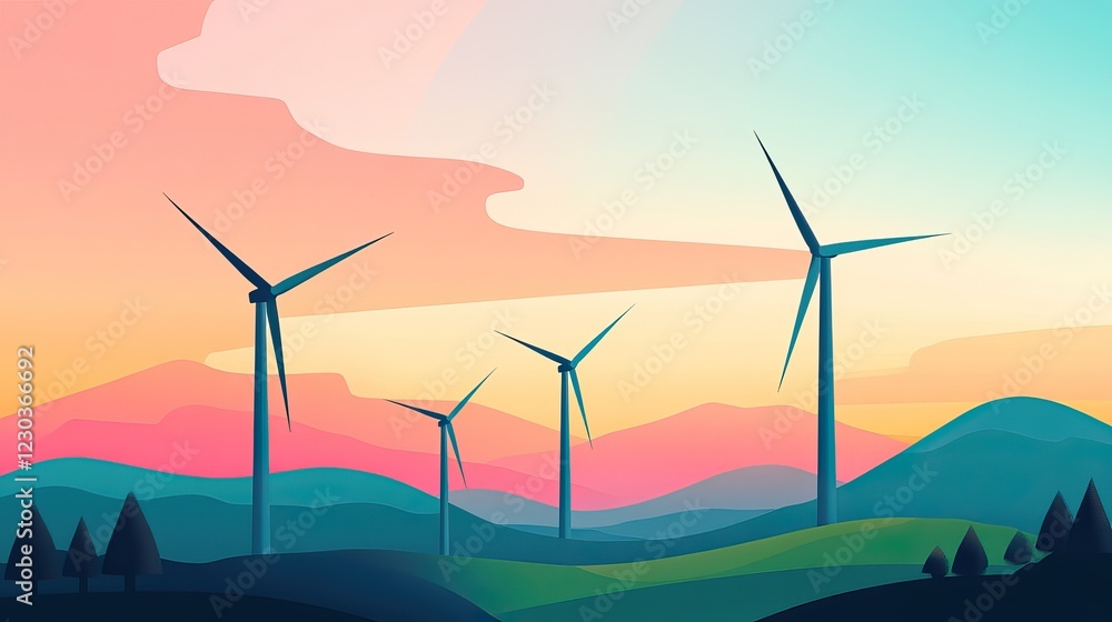 Obraz premium A serene landscape featuring wind turbines against a colorful sunset sky, symbolizing renewable energy and environmental sustainability.