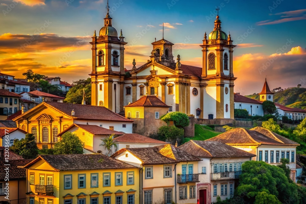Fototapeta premium Ouro Preto, Minas Gerais: Historic Church Towers Amidst Colonial Architecture - Brazil Stock Photo