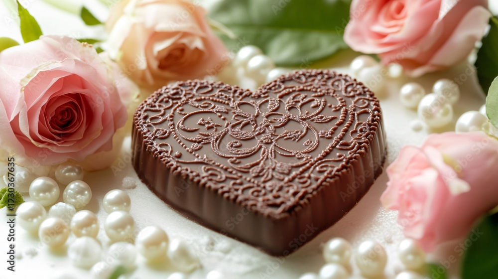 A heart-shaped breakable chocolate with an intricate lace design, surrounded by fresh roses and edible pearls, isolated on white background A heart-shaped breakable chocolate with an intricate lace design, surrounded by fresh roses and edible pearls, isolated on white background