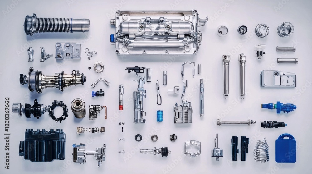 Obraz premium Disassembled automotive engine components arranged neatly on a light background for inspection and analysis