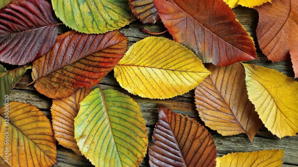 Colorful autumn leaves scattered on a rustic wooden surface create a vibrant seasonal display in nature's changing palette Colorful autumn leaves scattered on a rustic wooden surface create a vibrant seasonal display in nature's changing palette
