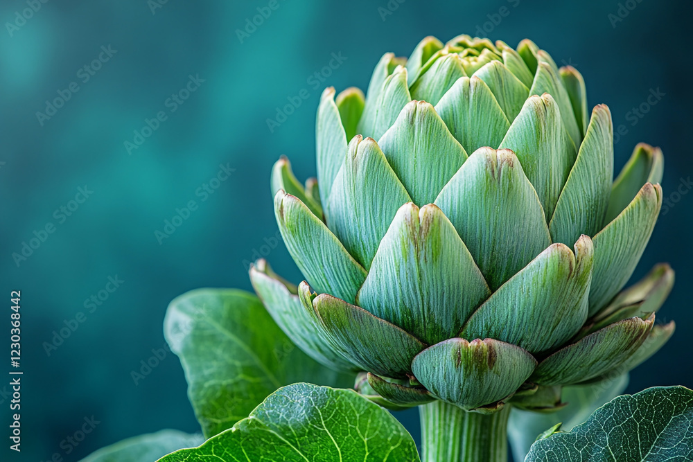 Fototapeta premium A Single Artichoke Bud Against A Teal Background