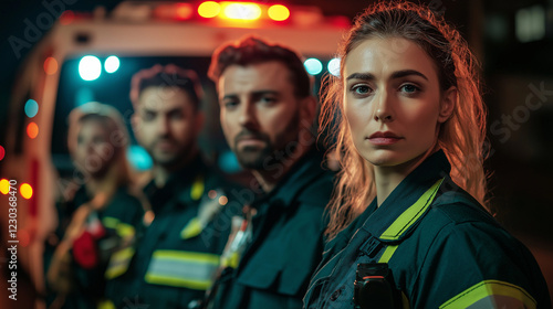 A group of five paramedics, three men and two women, wearing professional emergency uniforms, standing in front of an ambulance with flashing lights blurred in the background photo