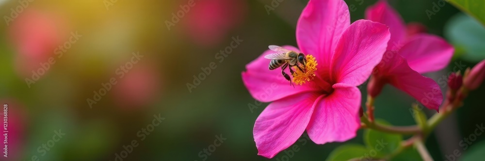A single bee lands on a blooming bougainvillea flower, flowers, nectar A single bee lands on a blooming bougainvillea flower, flowers, nectar