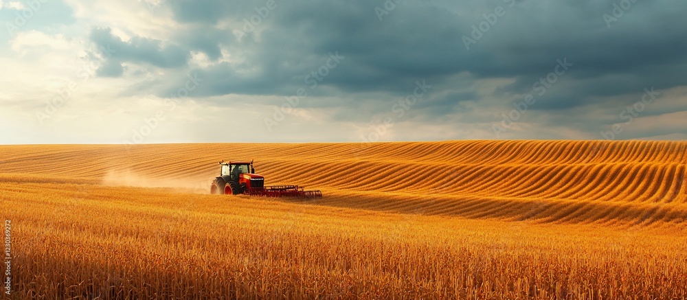 Tractor plowing golden wheat fields under dramatic clouds at sunset, rural landscape scene Tractor plowing golden wheat fields under dramatic clouds at sunset, rural landscape scene