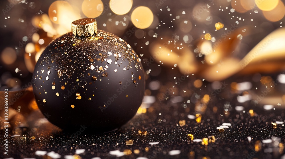 Breakable chocolate ornament with a matte black finish, surrounded by edible gold flakes and glitter, isolated on a festive backdrop Breakable chocolate ornament with a matte black finish, surrounded by edible gold flakes and glitter, isolated on a festive backdrop