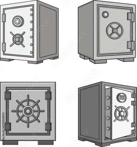 Detailed Bank Vault Illustrations. High Resolution Vector Illustrations of Safes for Security System Advertisements, Bank Marketing, and Financial Content.
