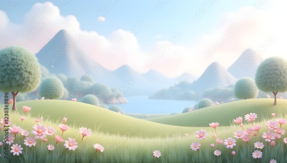 Fototapeta premium Serene Landscape With Pink Flowers And Rolling Hills