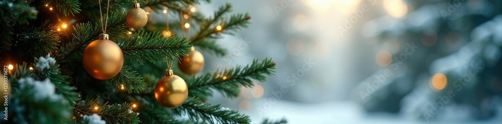 Fir tree branches decorated with gold ornaments, garlands, and mistletoe in a soft focus background, winter, ornaments, mistletoe Fir tree branches decorated with gold ornaments, garlands, and mistletoe in a soft focus background, winter, ornaments, mistletoe