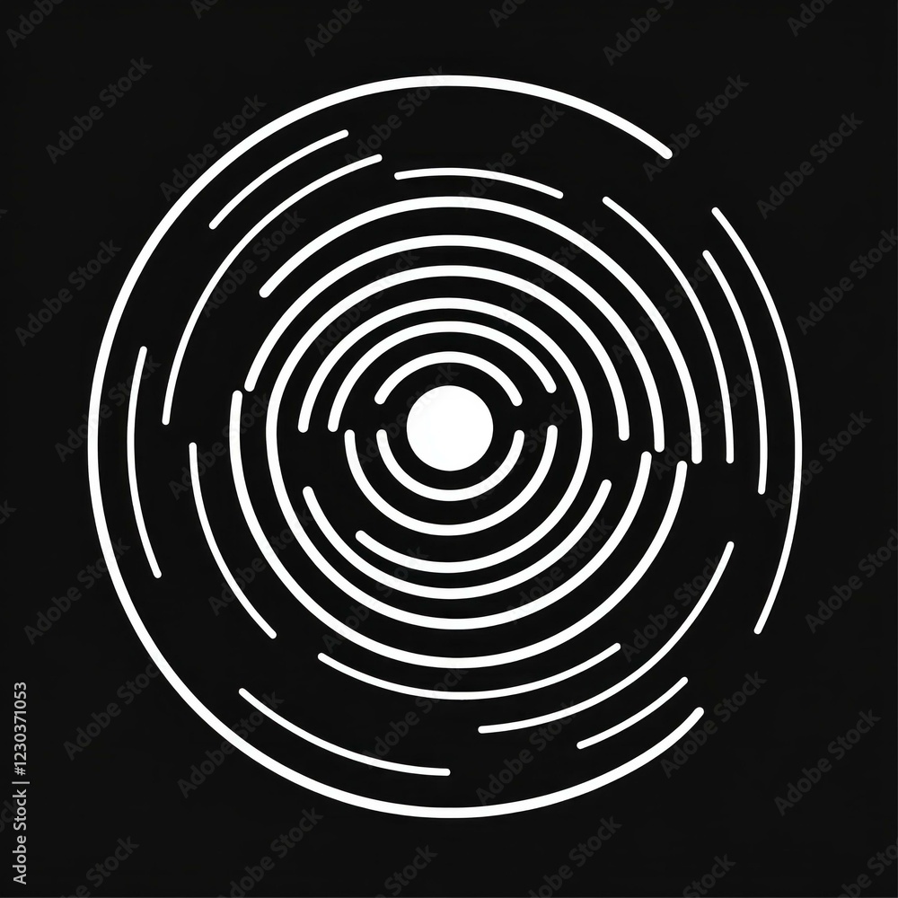 Geometric circular pattern of white lines on black background