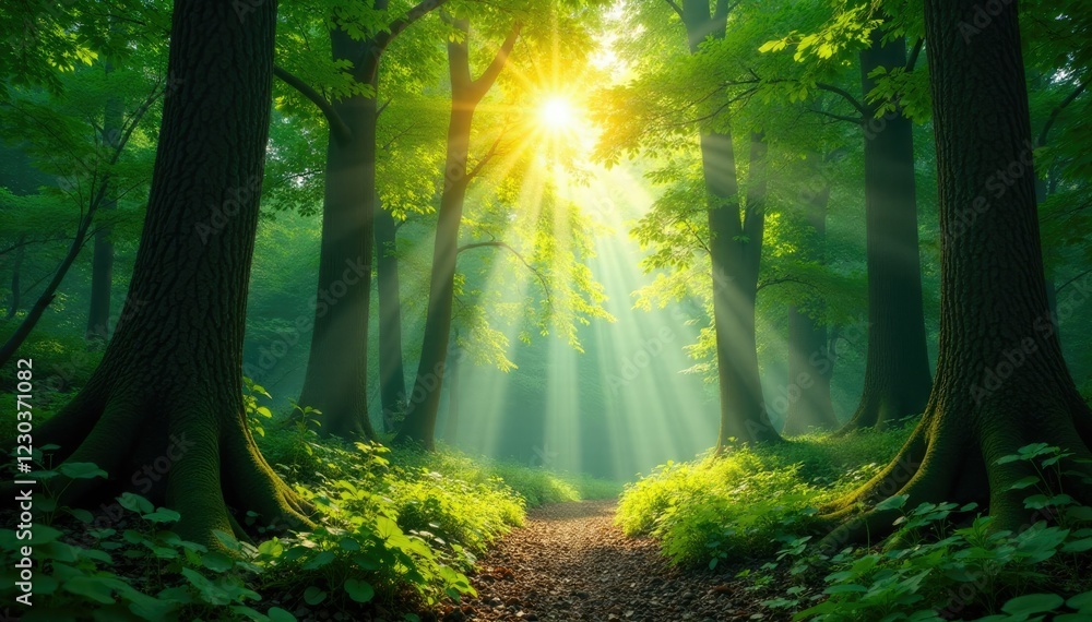 Fototapeta premium Forest canopy sunlight filtering through leafy greens, undergrowth, nature, foliage