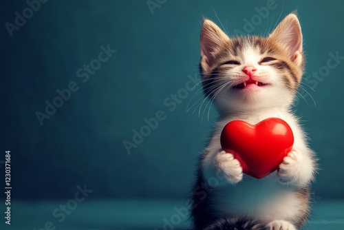 Ad campaign visual idea art. Cute japanese bobtail kitty with critter toy red heart - sign of love, funny greeting card. Japanese bobtail - my cherished cat. Adorable valentine's kitten photo. photo