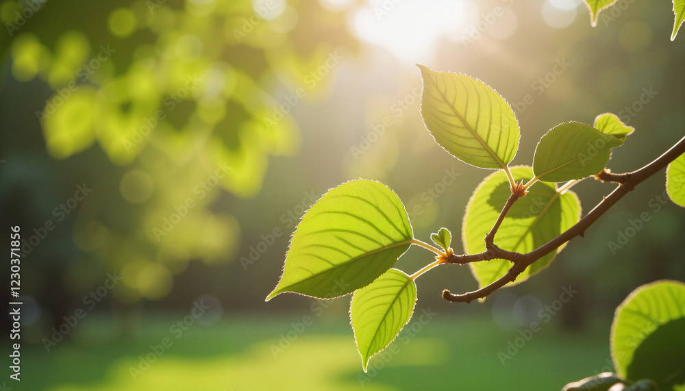 Emerging leaves glowing in morning light, sign of renewal Emerging leaves glowing in morning light, sign of renewal