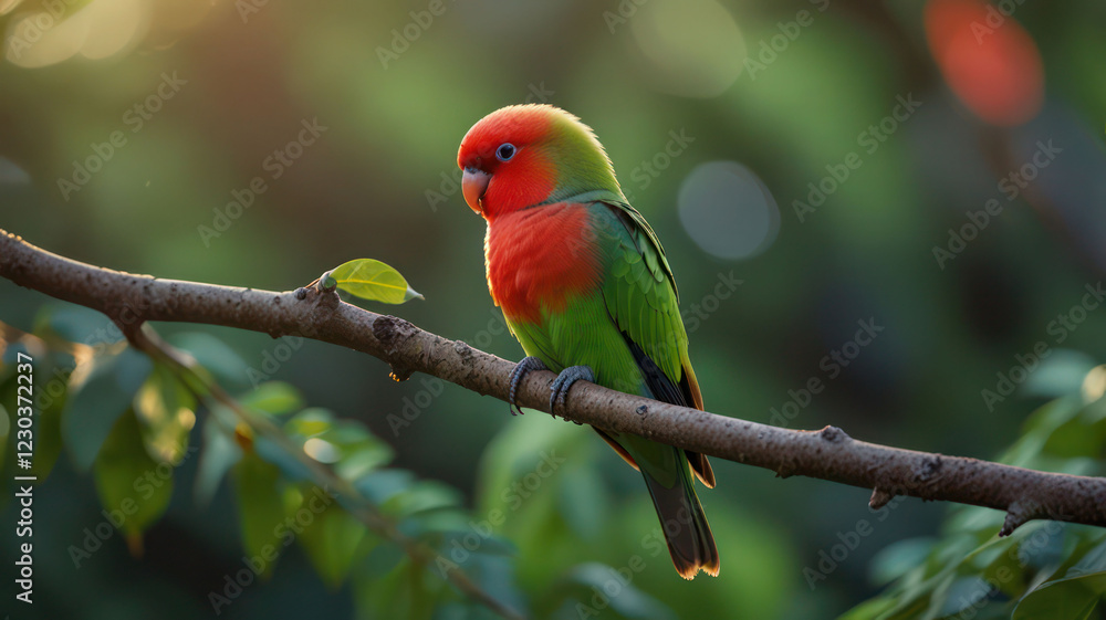 A pair of lovebirds sitting close together on a branch, their vibrant green and red feathers glowing in the soft light of dawn, with a blurred background of lush greenery. A pair of lovebirds sitting close together on a branch, their vibrant green and red feathers glowing in the soft light of dawn, with a blurred background of lush greenery.