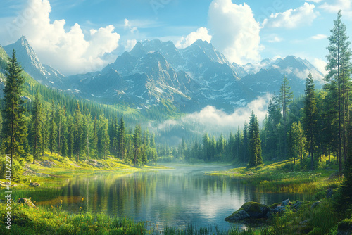 Serene Mountain Lake Nestled Amongst Lush Green Pines