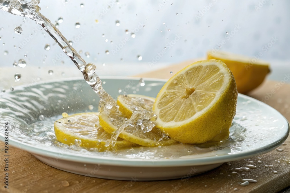 Sliced lemon with water splashing out onto a plate or cutting board, plate, fruit, juice, lemon Sliced lemon with water splashing out onto a plate or cutting board, plate, fruit, juice, lemon