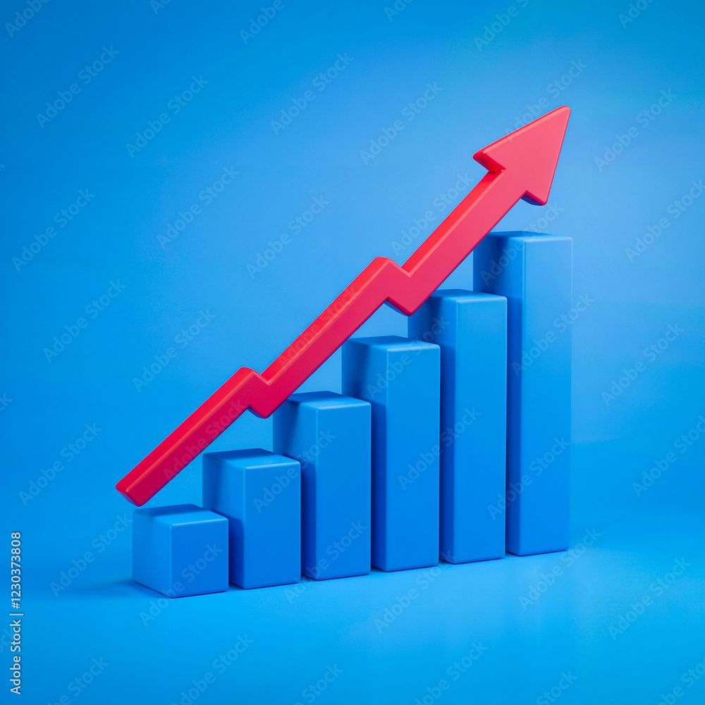 3D Blue Bar Chart with Red Arrow – Business Growth and Success Visualization 3D Blue Bar Chart with Red Arrow – Business Growth and Success Visualization