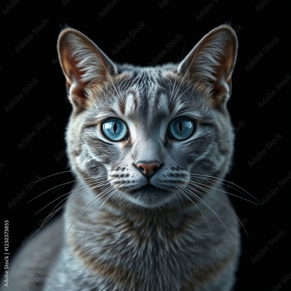 Fototapeta premium Gray cat with striking blue eyes against a dark background