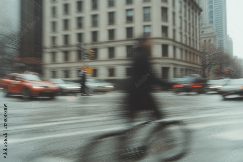 A blurry image of a city street with a person riding a bicycle A blurry image of a city street with a person riding a bicycle