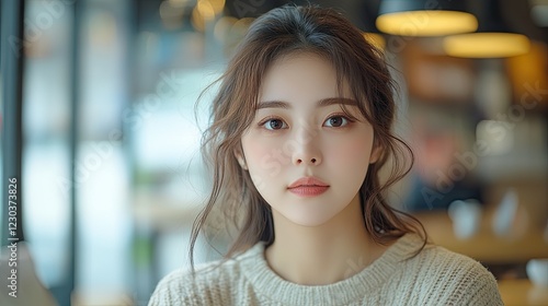 A young woman with long brown hair looks directly at the camera. She is wearing a white sweater and is standing in front of a cafe window.