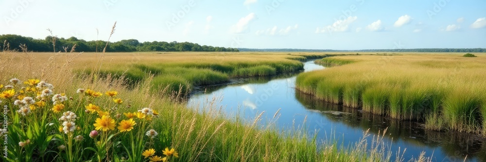 Marshy shoreline with wildflowers and grasses, banc d arguin, wild grasses, wildflowers Marshy shoreline with wildflowers and grasses, banc d arguin, wild grasses, wildflowers