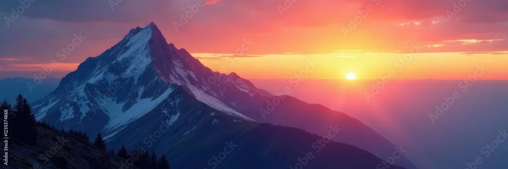Fototapeta premium Serene landscape of a mountain peak at sunrise, sky, sunrise, clouds