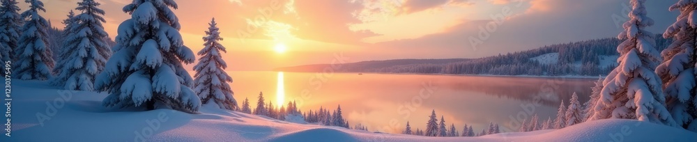 Sonnenaufgang ?ber den baikalen See in der Winterzeit, snow-covered trees, morning light, lake scenery Sonnenaufgang ?ber den baikalen See in der Winterzeit, snow-covered trees, morning light, lake scenery