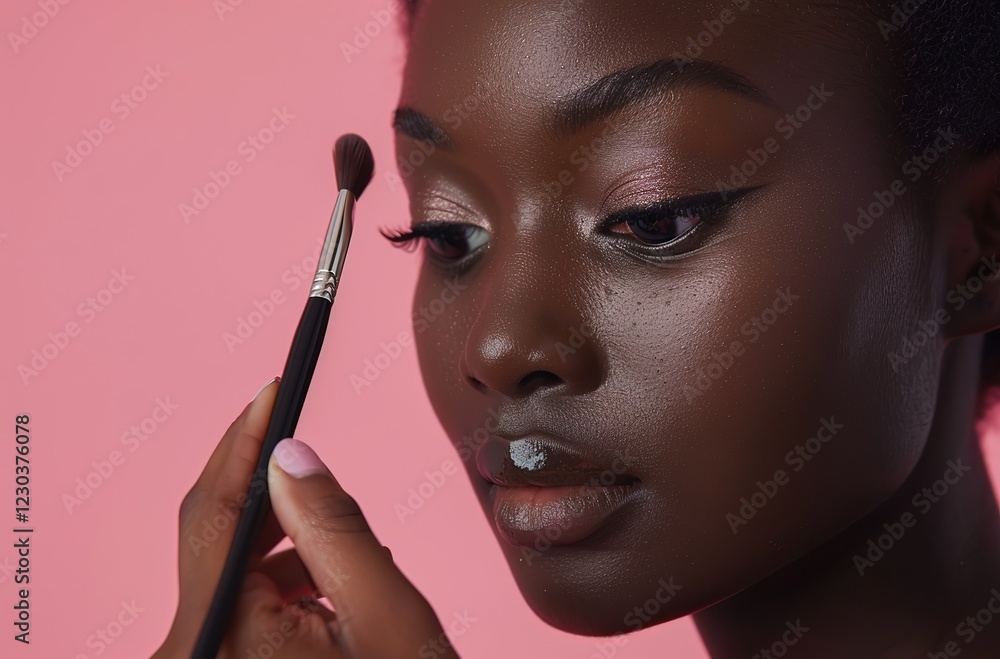 Obraz premium Beauty portrait of young african american woman with makeup brush, Ai Generated