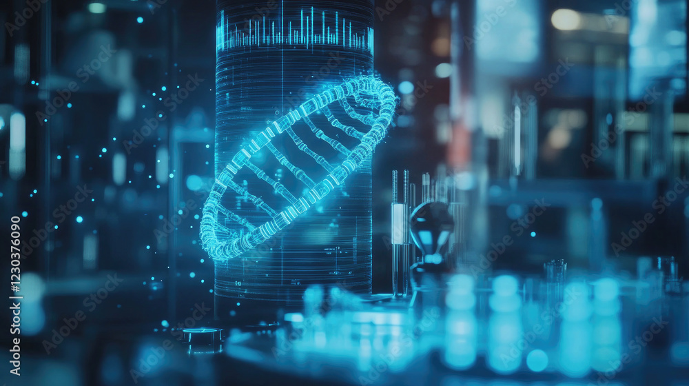 Obraz premium Futuristic DNA Helix in Neon Lights Representing Biotechnology and Innovation