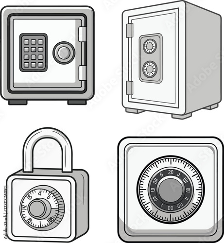Detailed Bank Vault Illustrations. High Resolution Vector Illustrations of Safes for Security System Advertisements, Bank Marketing, and Financial Content.