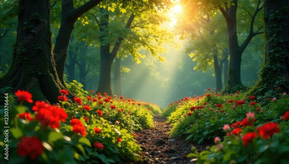 Obraz premium Sunny forest clearing with lush red flowers and foliage, forest, natural