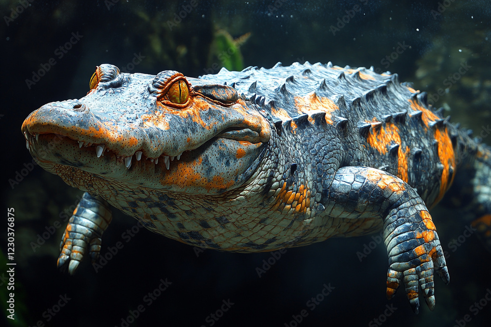 Fototapeta premium A Colorful Alligator Submerged In Dark Water