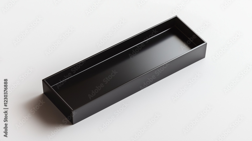 Fototapeta premium Black rectangular tray on a white surface with soft lighting.