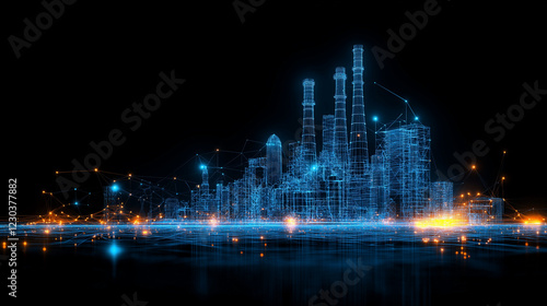 Digital Refinery at Night: A futuristic digital rendering of an oil refinery, glowing with vibrant blue lines and connecting nodes against a dark background.